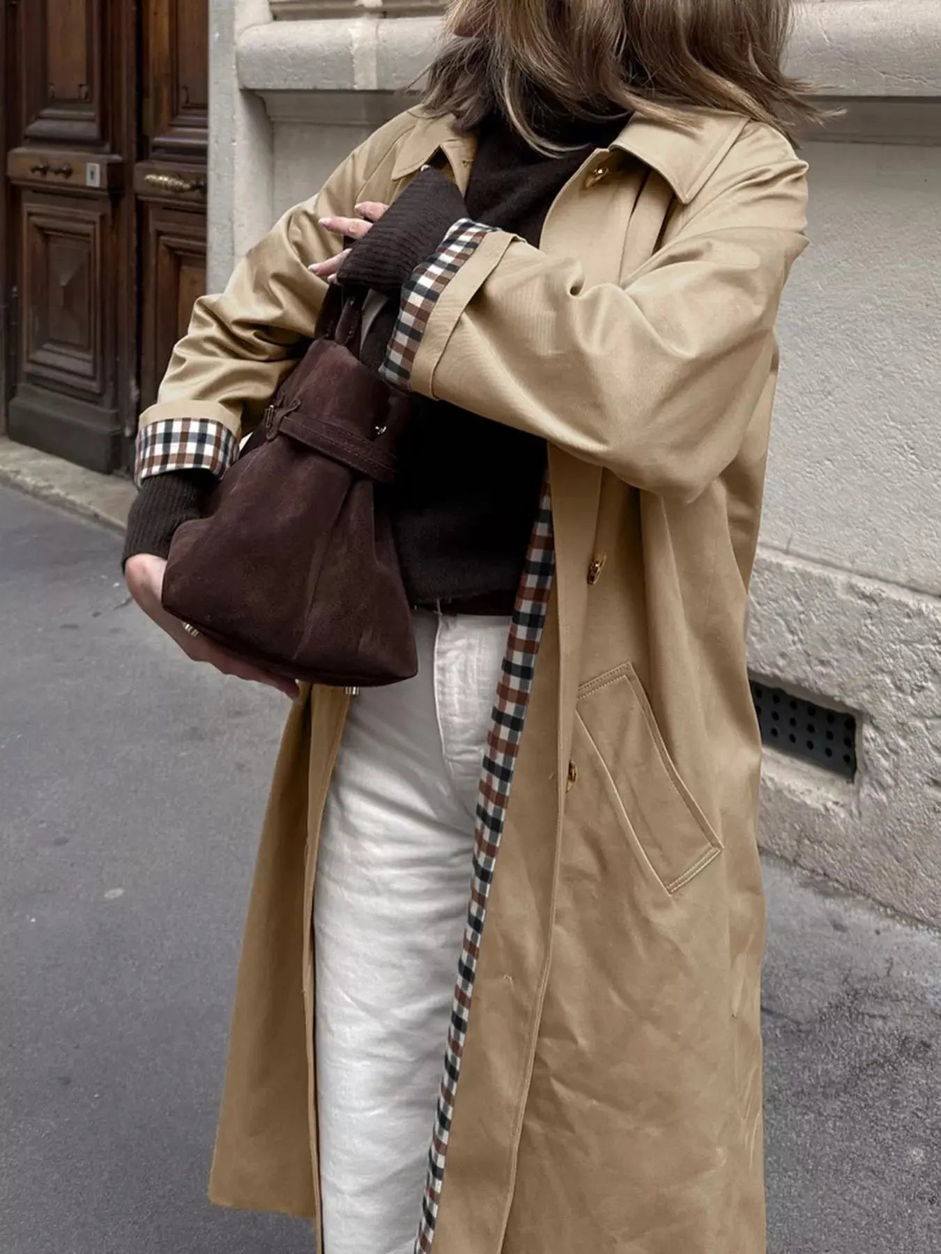 Checkered Lining Button Up Trench Coat Simply Love