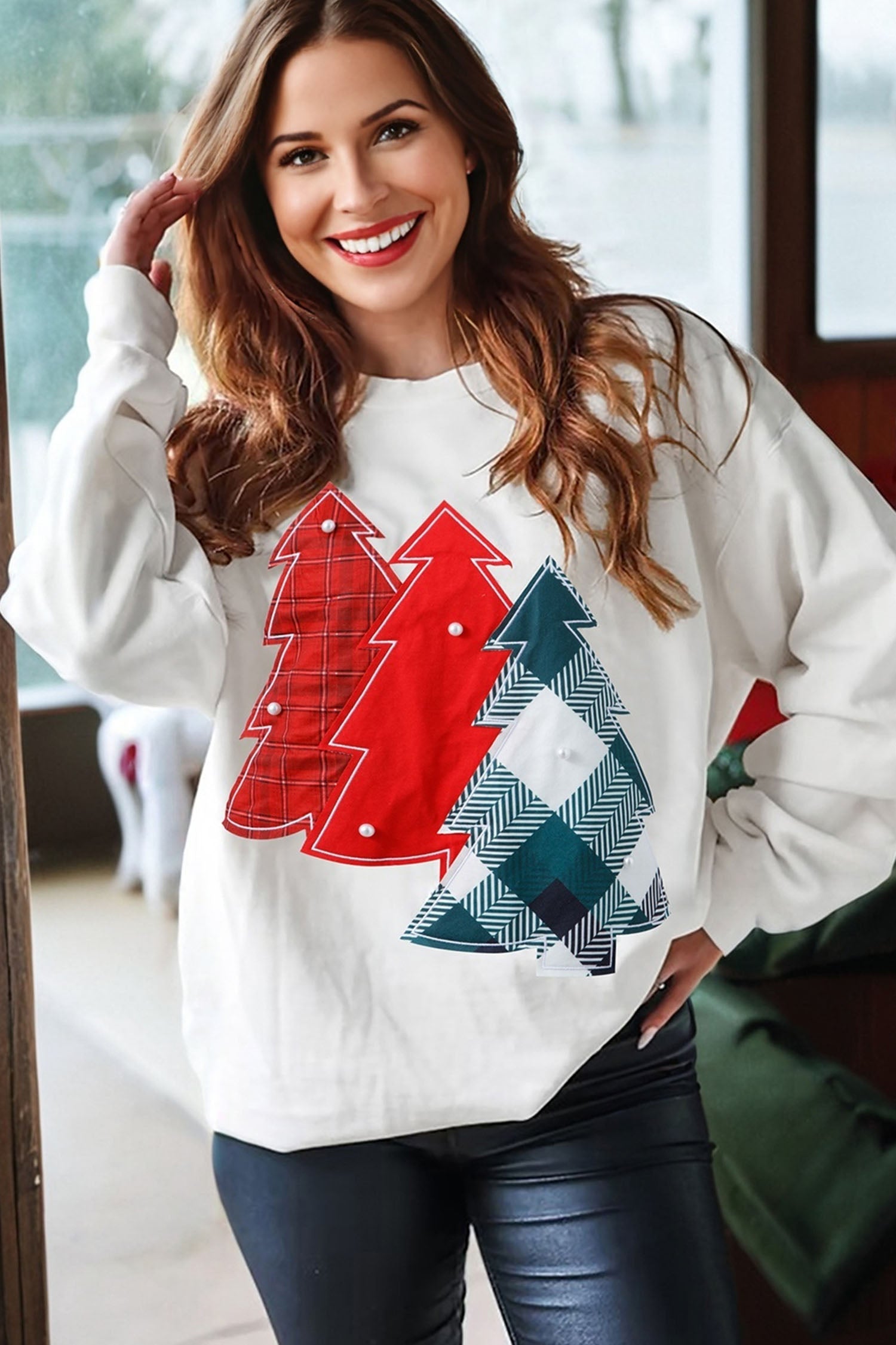 White Pearl Plaid Christmas Tree Patched Drop Shoulder Sweatshirt Dear-Lover Dropshipping
