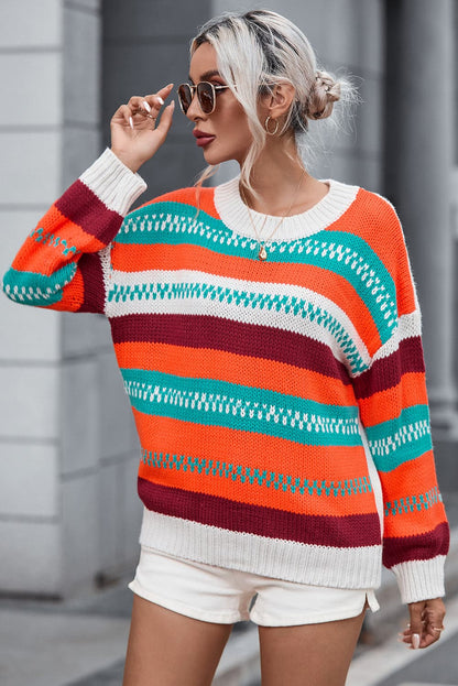 Striped Round Neck Long Sleeve Sweater.