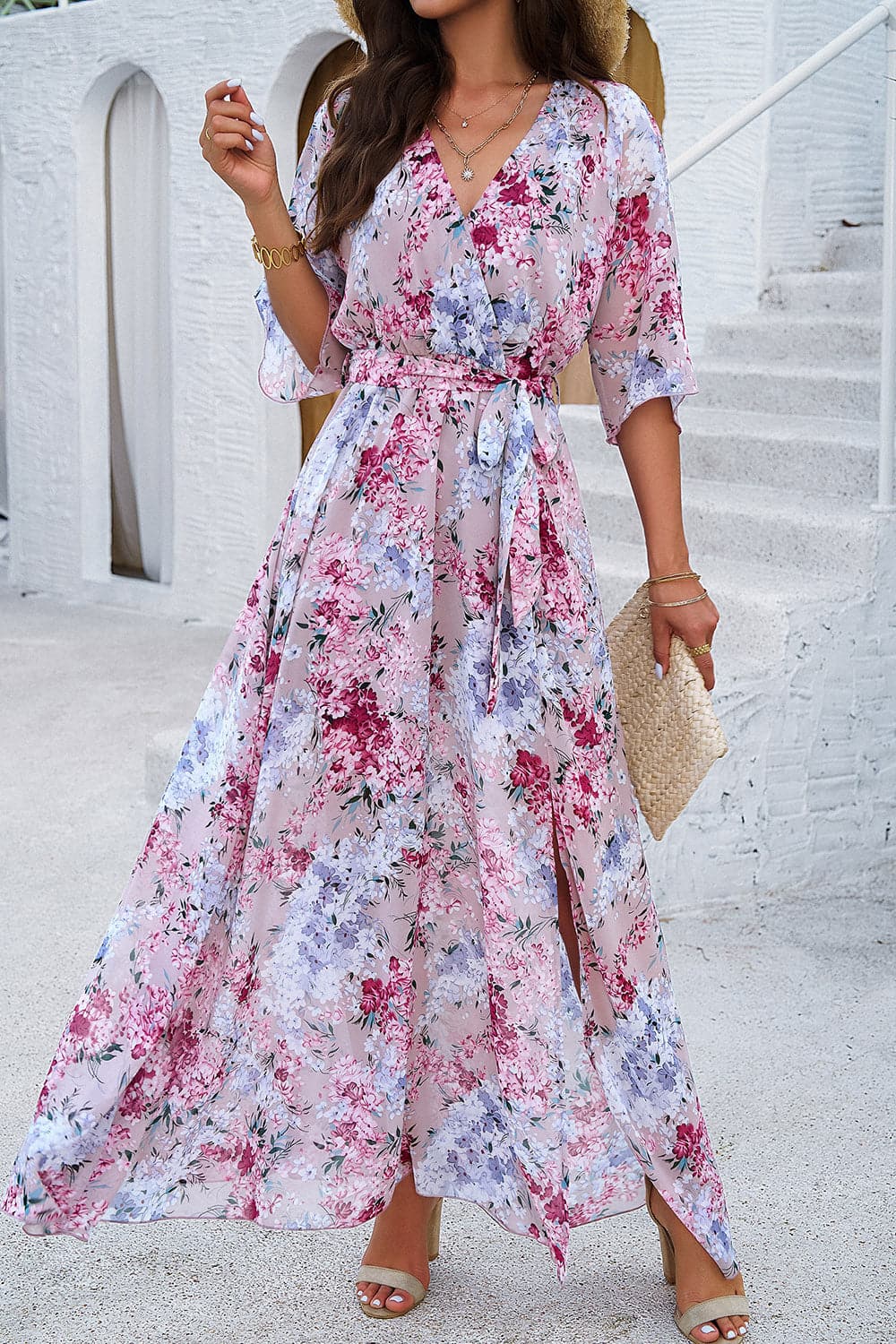 Printed Tied Half Sleeve Slit Dress.