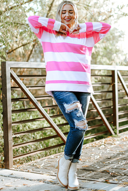 Chic pink striped plus size sweatshirt with stylish side slits