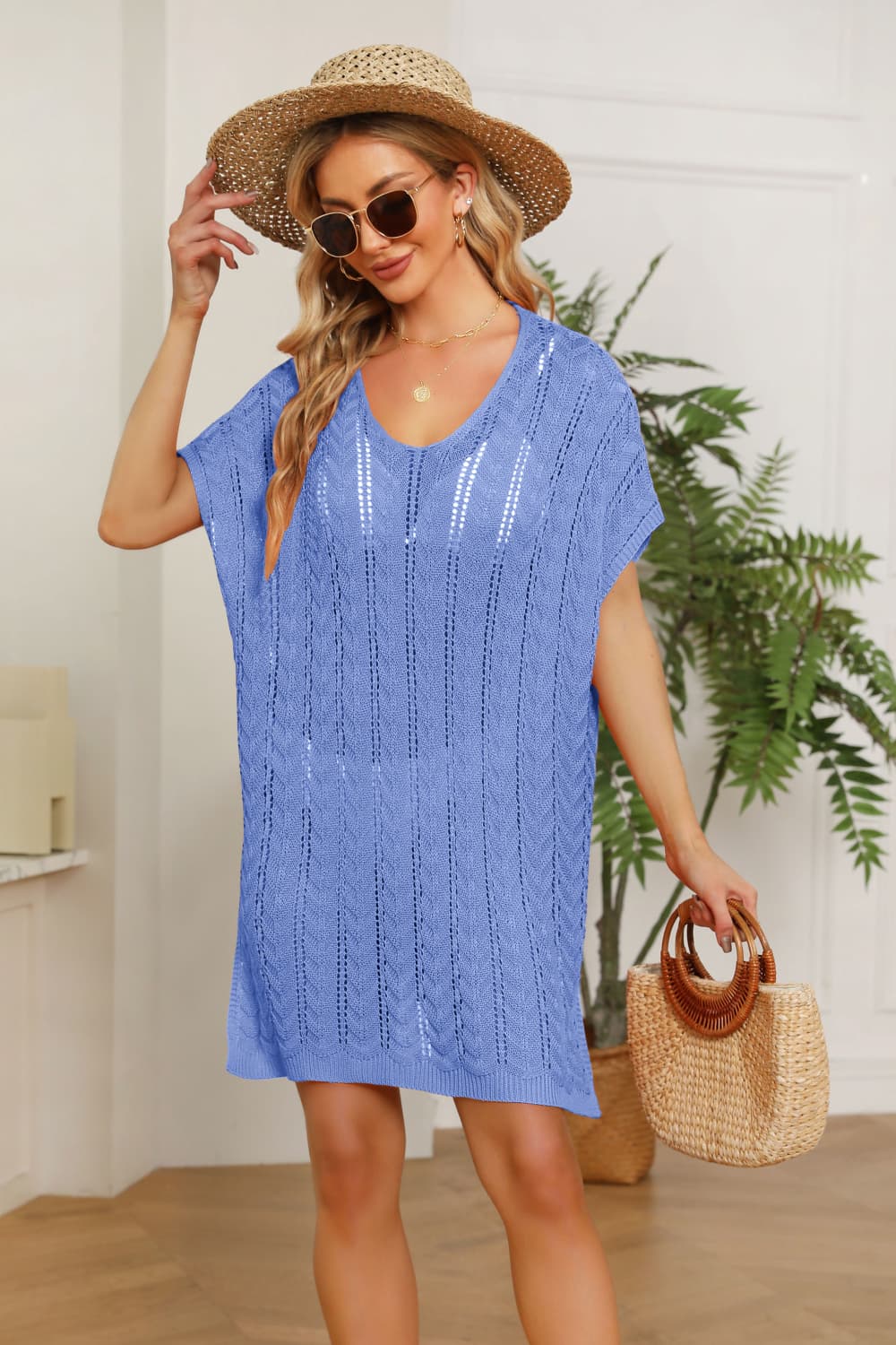 Openwork Side Slit Knit Dress.