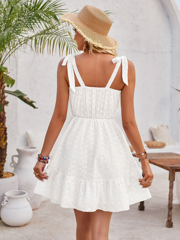 Tied Ruffled V-Neck Sleeveless Mini Dress.