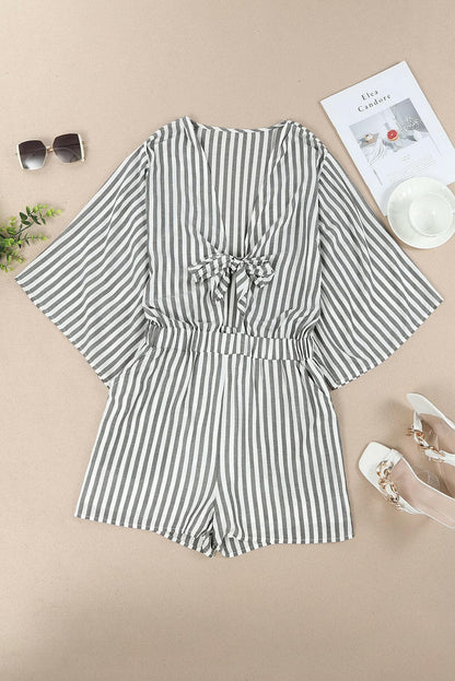 Tied Striped Three-Quarter Sleeve Romper.