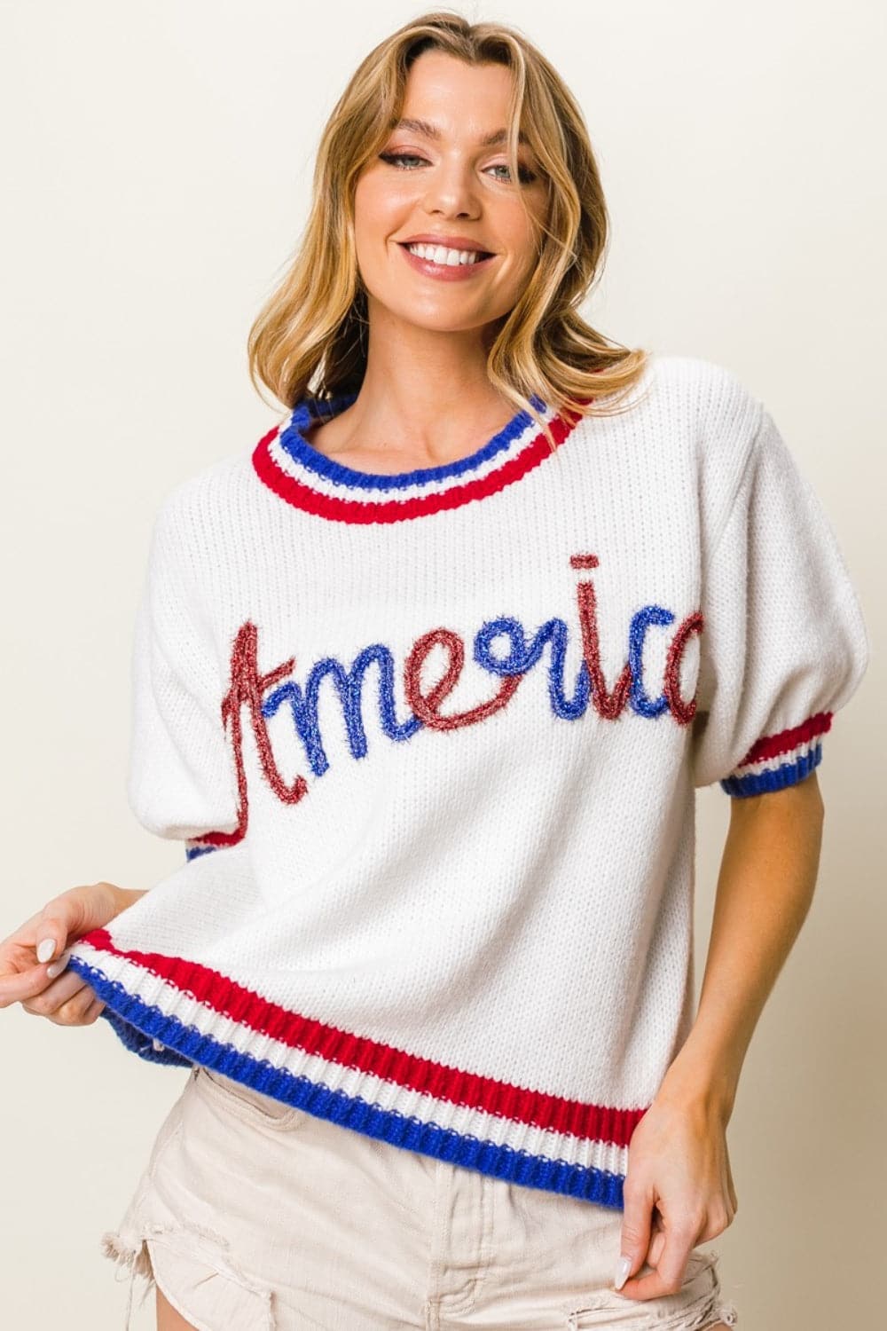 BiBi Metallic America Letter Short Sleeve Sweater.