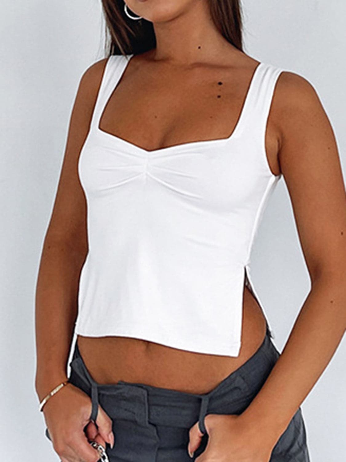 Ruched Sweetheart Neck Wide Strap Tank.