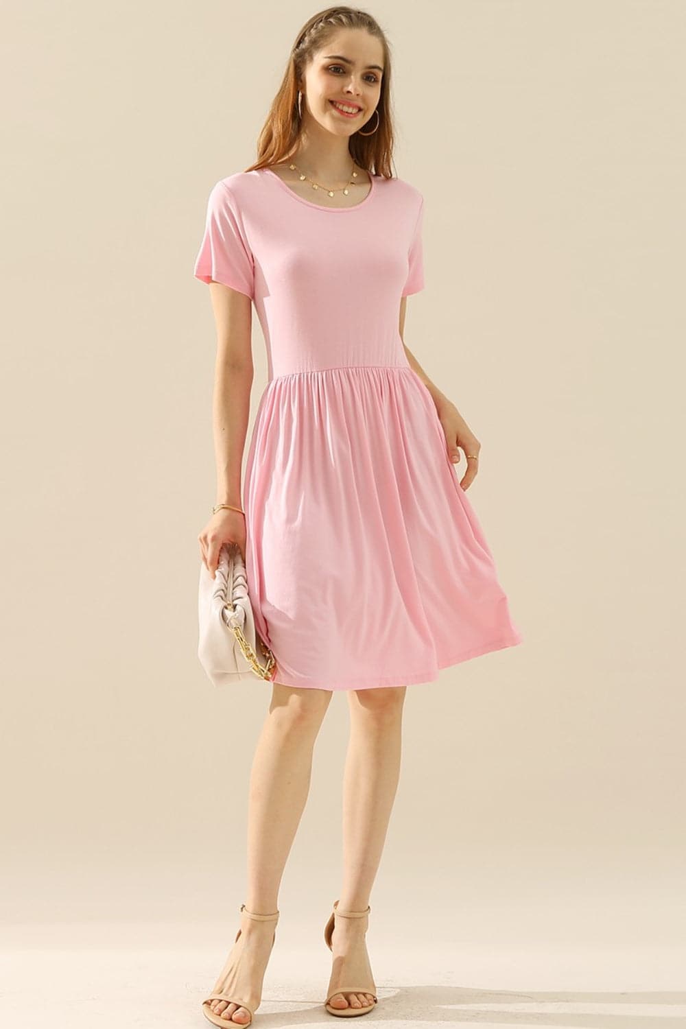 Ninexis Full Size Round Neck Ruched Dress with Pockets.