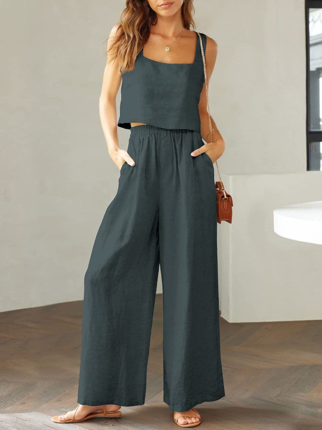 Square Neck Top and Wide Leg Pants Set.