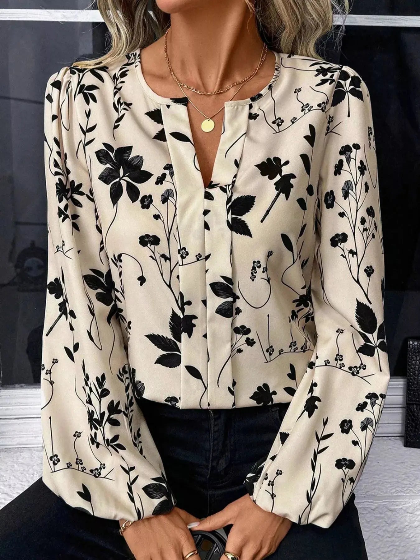 Floral Print Split Neck Long Sleeve Blouse Simply Love