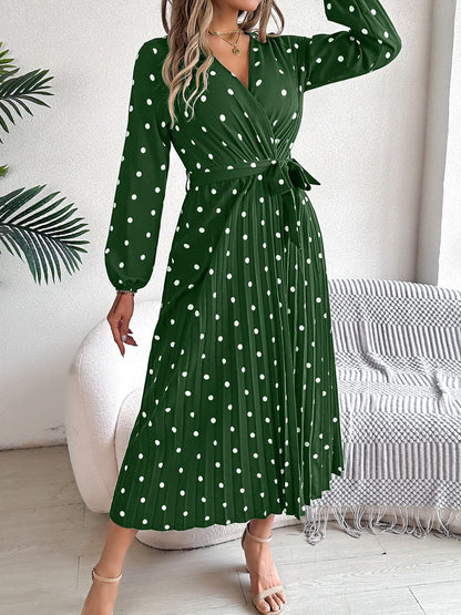 Tied Polka Dot Long Sleeve Midi Dress.