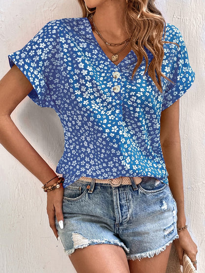 Printed V-Neck Short Sleeve Blouse.