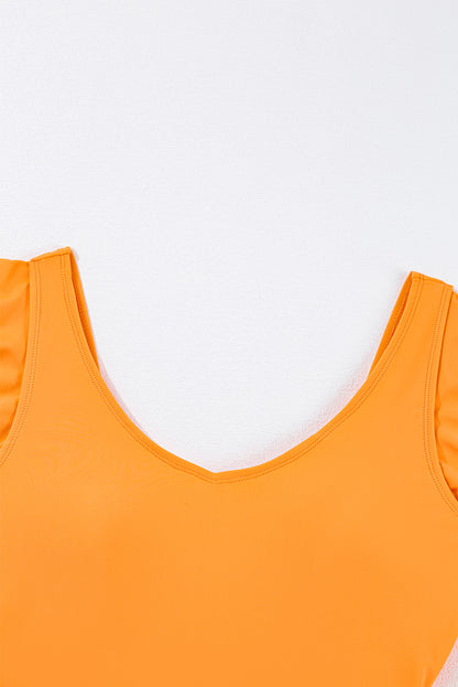 Vibrant Vitality Orange Ruffled Backless One-Piece Swimsuit with Color Block Design