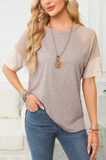 Color Block Round Neck Half Sleeve Top.