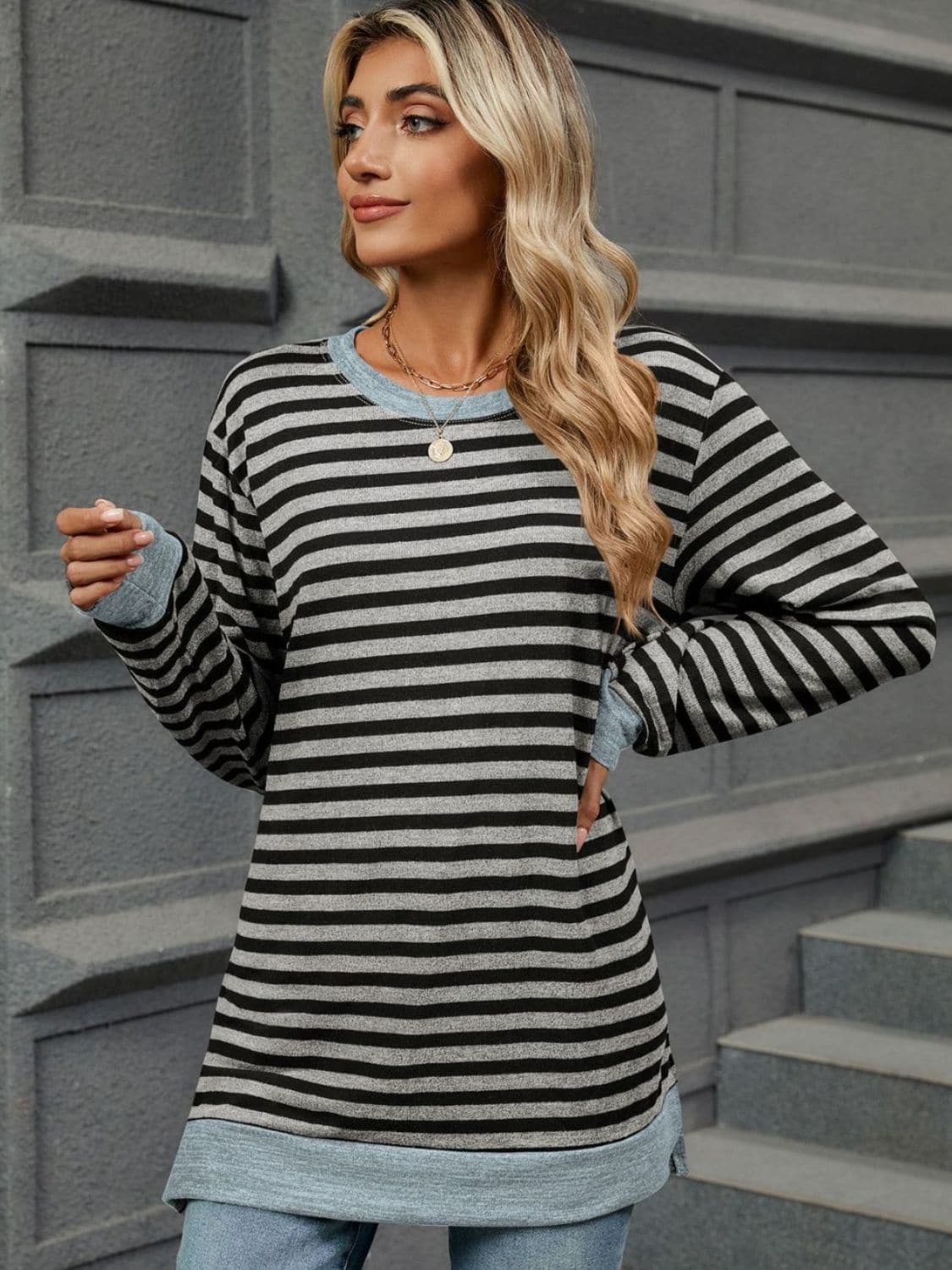 Striped Round Neck Long Sleeve T-Shirt.