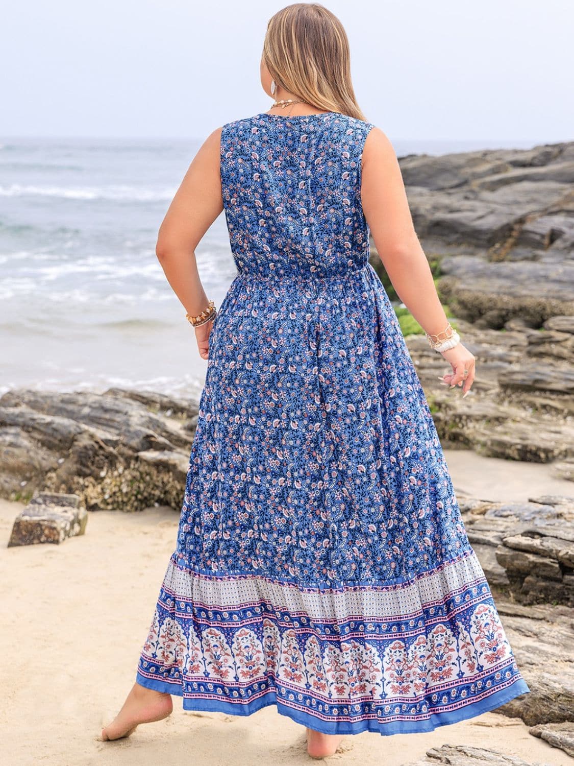 Plus Size Tied Printed Sleeveless Maxi Dress.