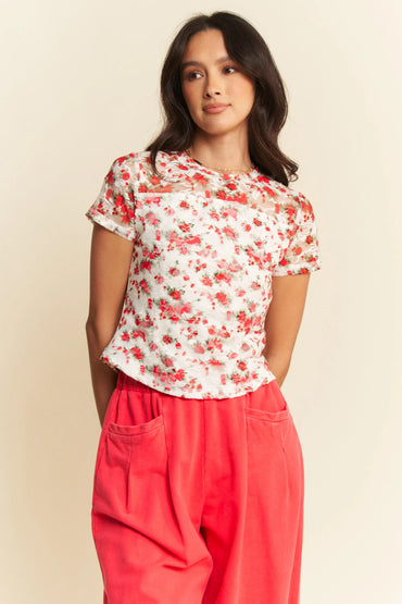 Davi & Dani Ribbon Short Sleeve Layered Mesh Top - Love Salve 