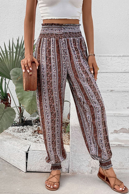 Smocked Printed High Waist Pants.