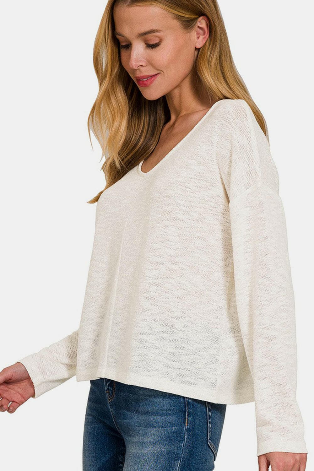 Zenana V-Neck Dropped Shoulder Long Sleeve T-Shirt.