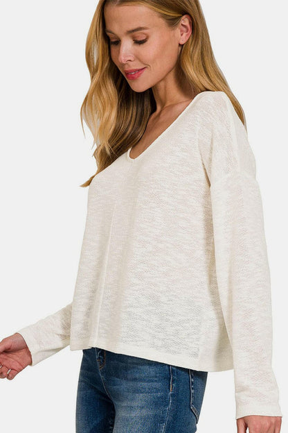 Zenana V-Neck Dropped Shoulder Long Sleeve T-Shirt.