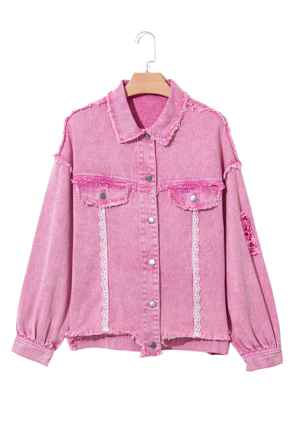 Chic pink lace and distressed denim jacket with button closure