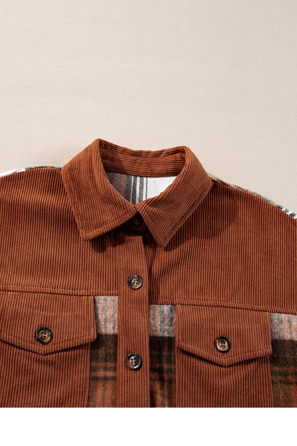 Cinnamon corduroy plaid shacket with chest pockets