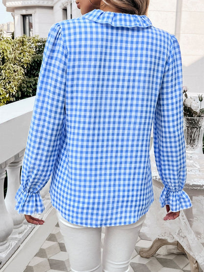 Frill Ruffled Plaid Long Sleeve Shirt.