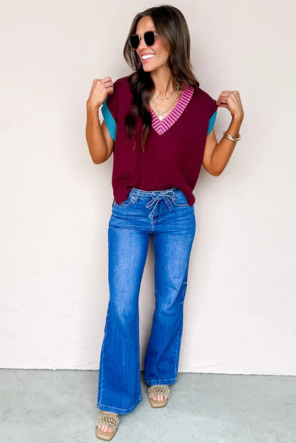 Burgundy Contrast Trim V Neck Short Sleeve Loose Sweater