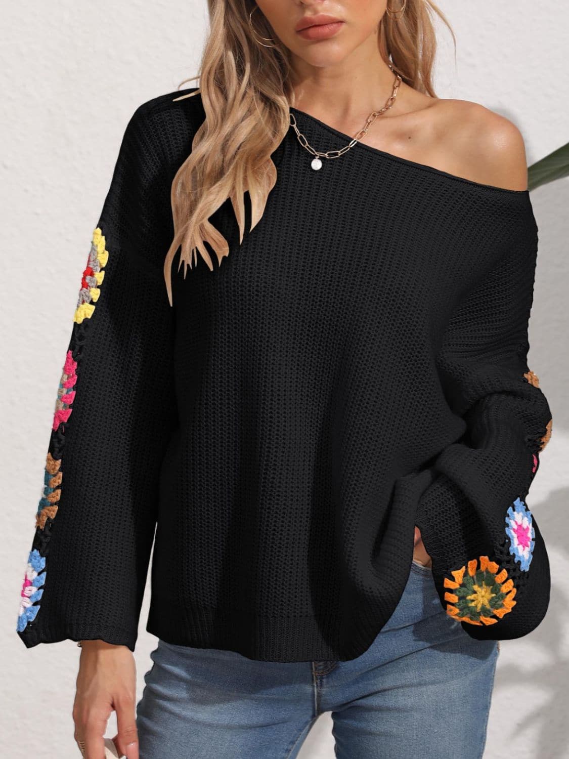 Crochet floral long sleeve knit sweater