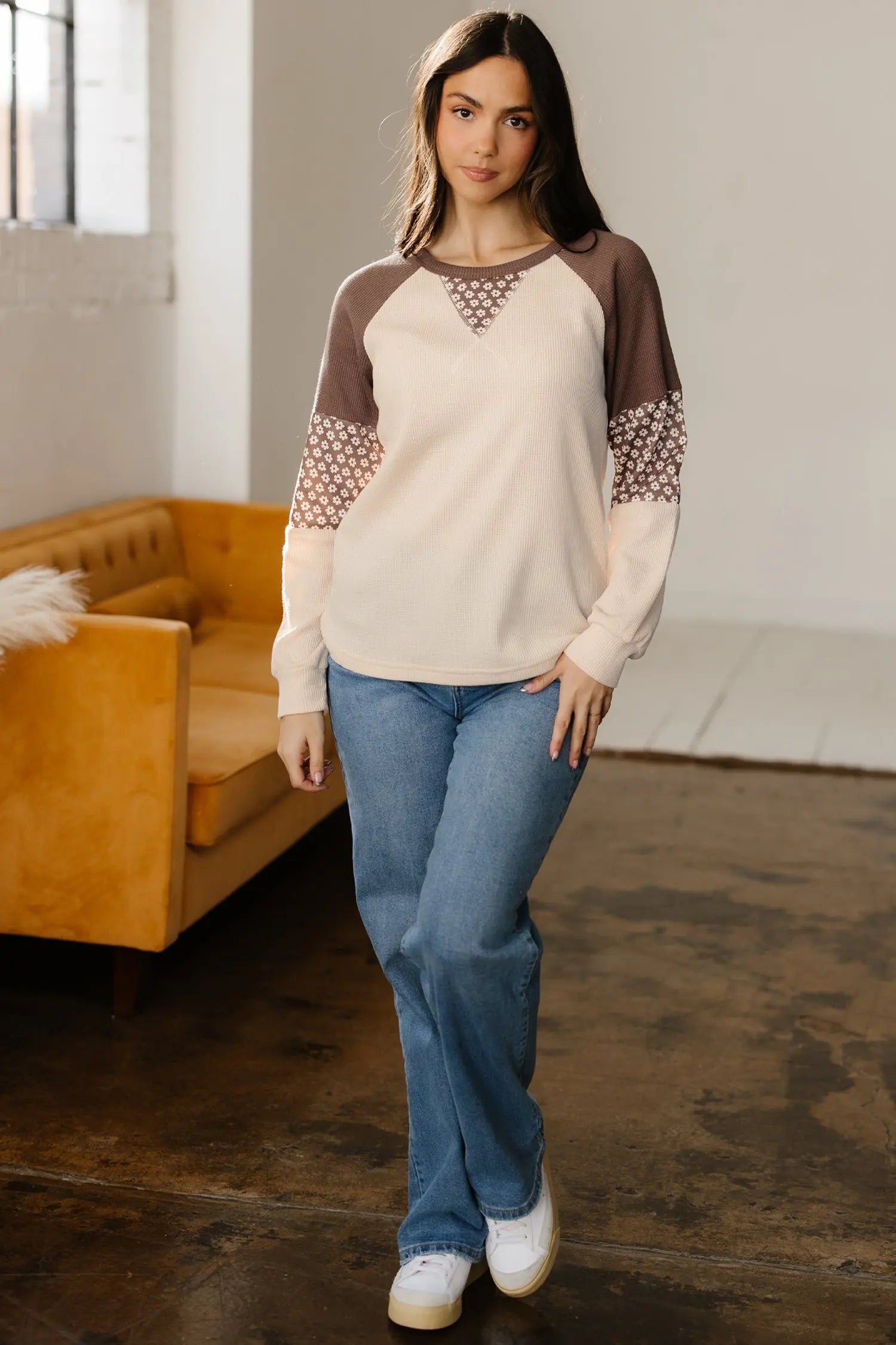 Dear-Lover Brown Floral Top Women's Fall Fashion Patchwork Long Sleeve Southern Belle Style Dear-Lover Dropshipping