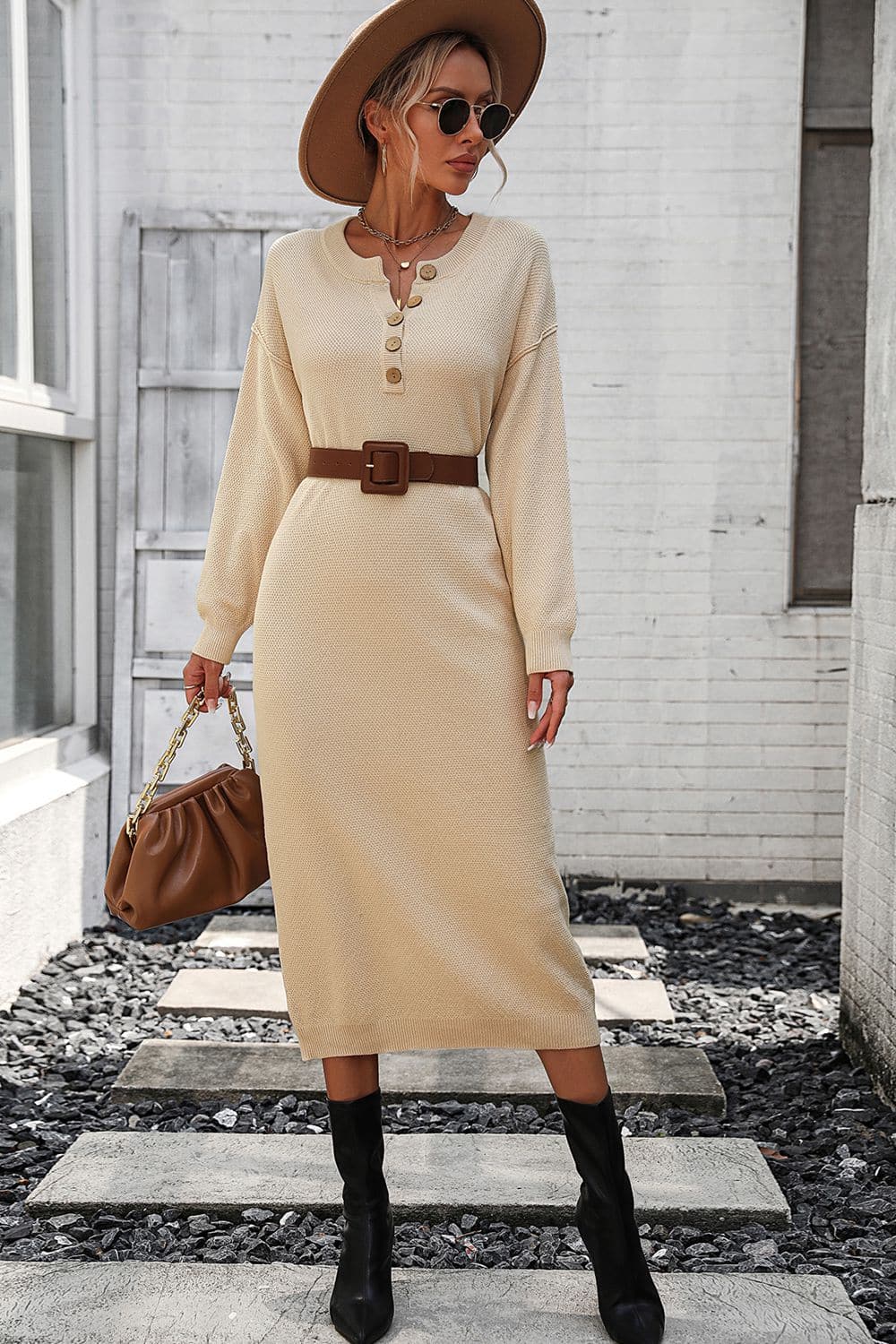 Notched Neck Dropped Shoulder Button-Down Midi Dress.