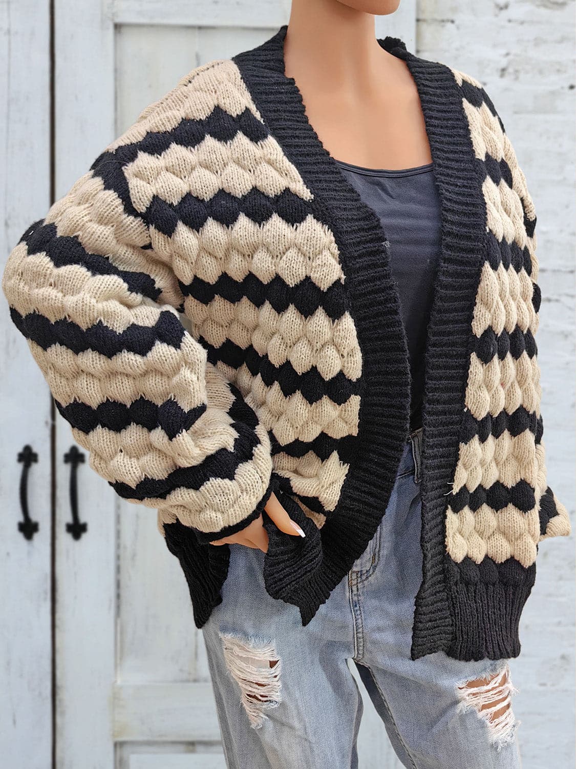 Striped Contrast Open Front Long Sleeve Cardigan.