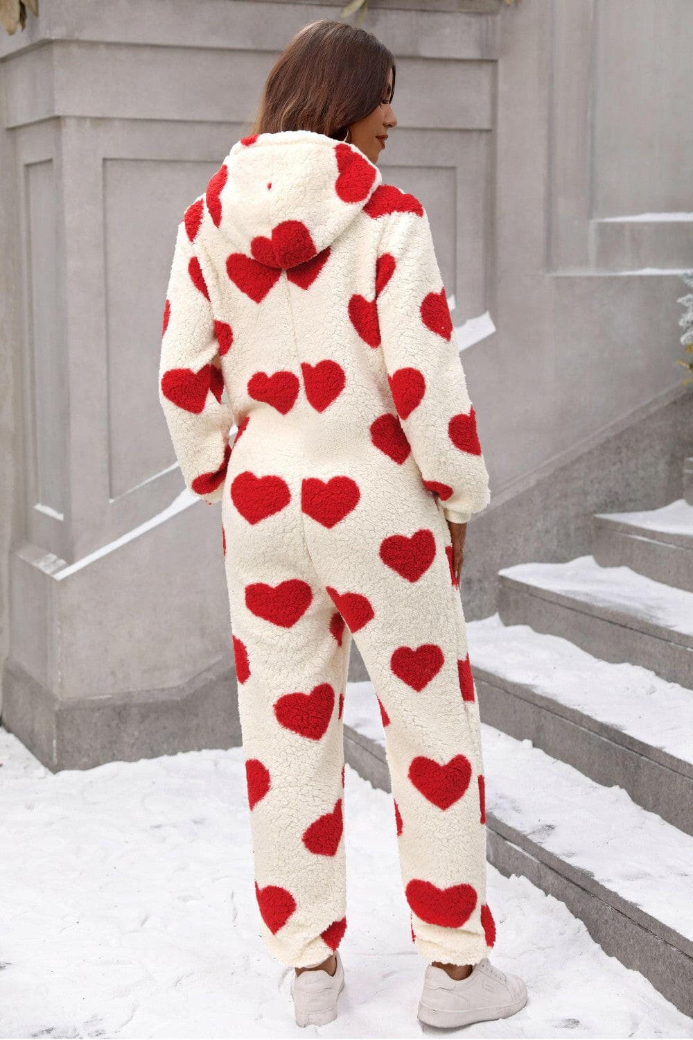 Fuzzy Heart Zip Up Hooded Lounge Jumpsuit.