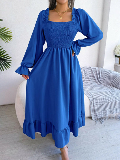 Smocked Square Neck Flounce Sleeve Dress.