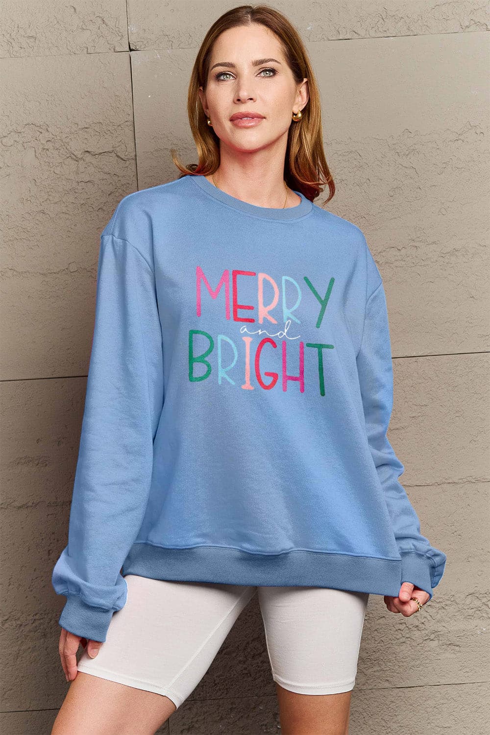 Simply Love Full Size MERRY AND BRIGHT Graphic Sweatshirt.