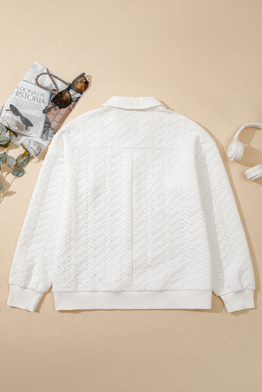 Premium White Textured Pocketed Collared V Neck Pullover Sweatshirt