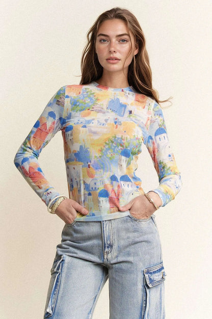 Davi & Dani Multi Printed Mesh Round Neck Long Sleeve Top - Love Salve 