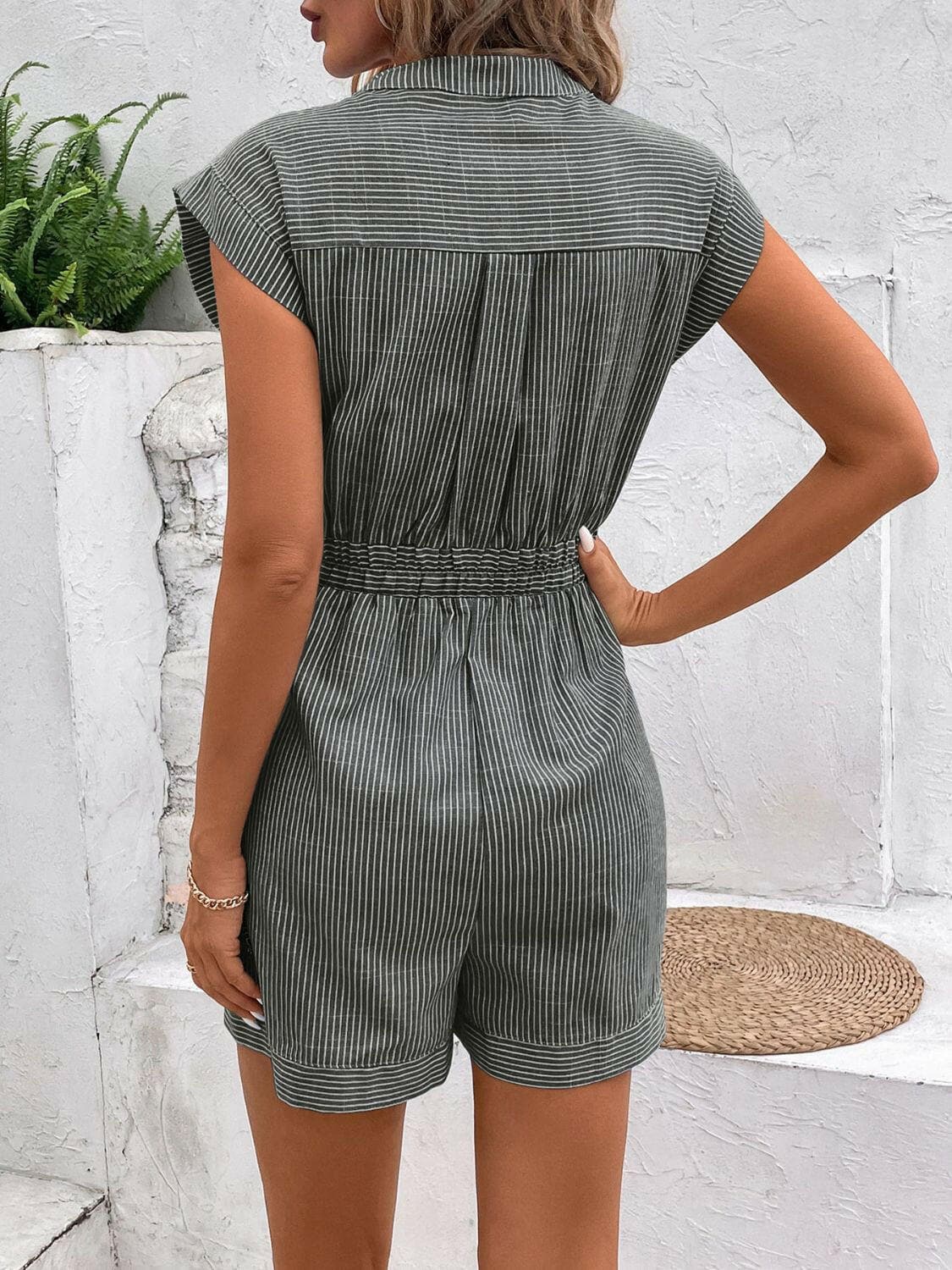 Striped Notched Tie Waist Romper.