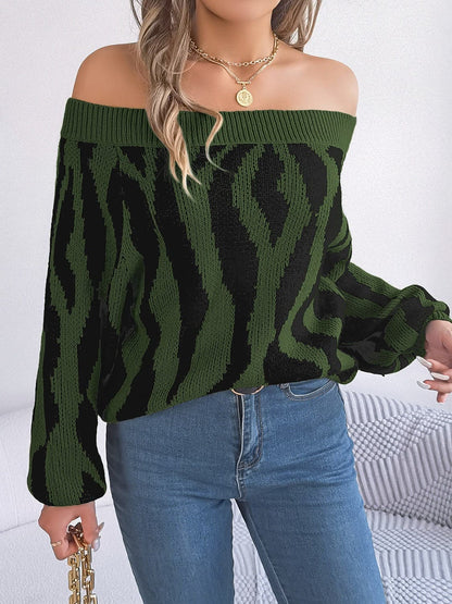 Off-Shoulder Animal Print Long Sleeve Sweater.