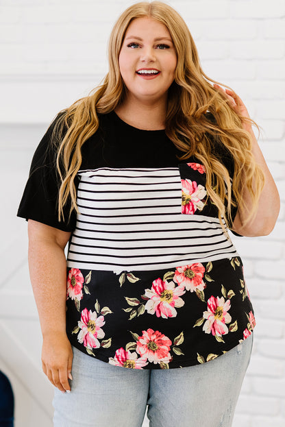 Chic black plus size floral and stripe short sleeve top