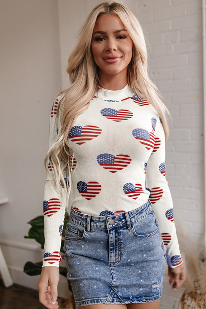 White Americana Glitter Mesh Long Sleeve Bodysuit for Women