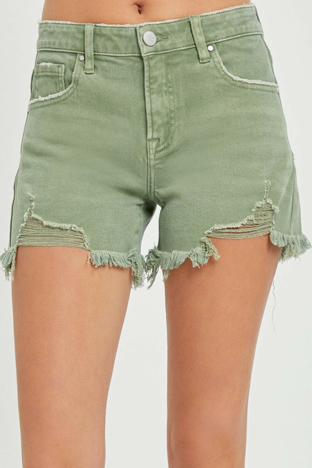 RISEN Mid Waist Frayed Hem Denim Shorts.