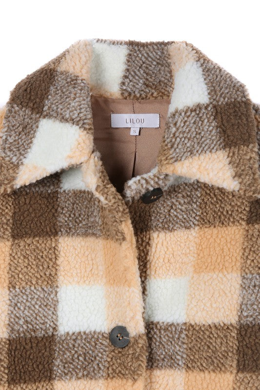 Cozy plaid sherpa jacket with functional pockets