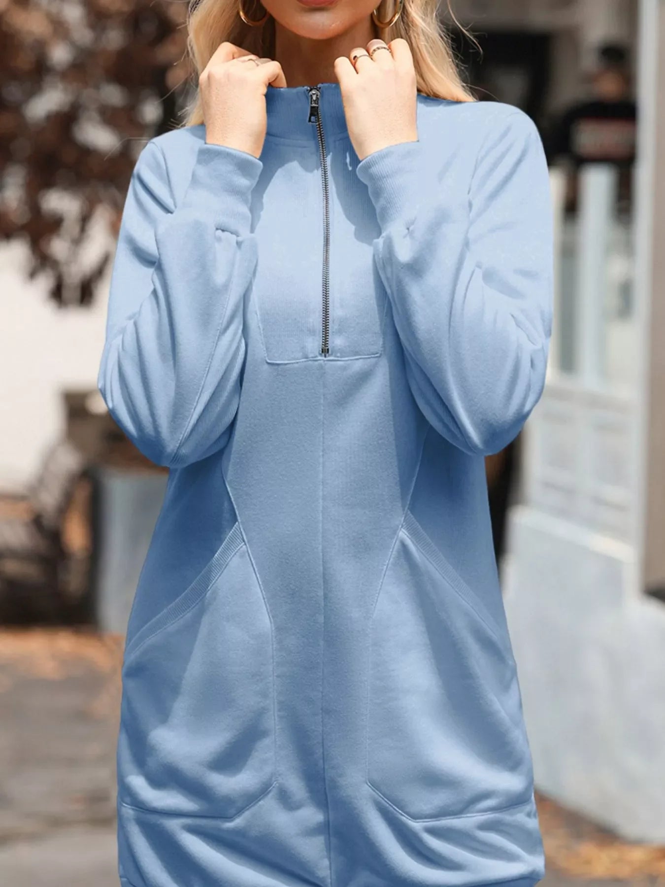 Zip Up Collared Ribbed Patchwork Sweatshirt Dress with Pockets Simply Love