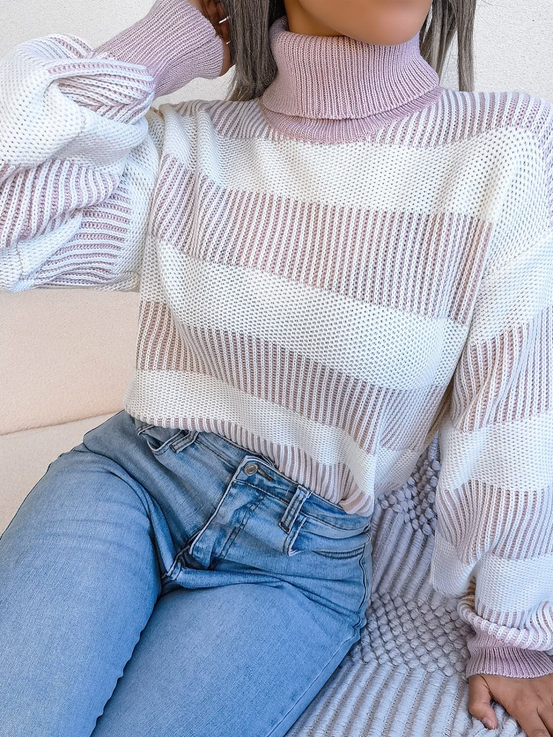 Striped Turtleneck Long Sleeve Sweater.