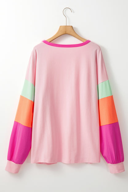 Trendy pink colorblock patchwork long sleeve top for plus sizes