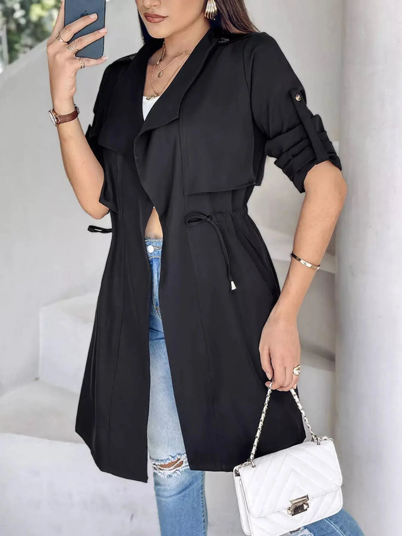 Beige Drape Collar Lightweight Trench Coat With Pockets And Drawstring Simply Love