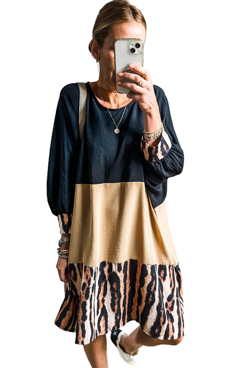 Khaki tiger stripe colorblock mini dress with bishop sleeves