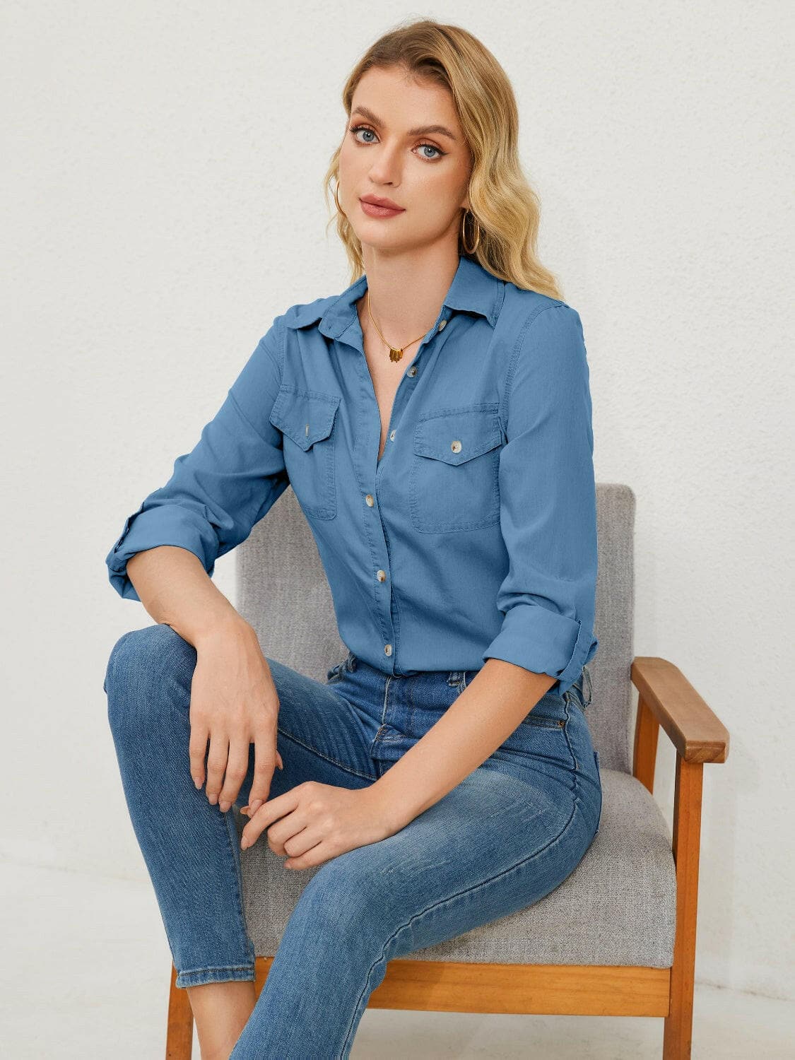 Denim Long Sleeve Shirt with Button-Up Pockets.