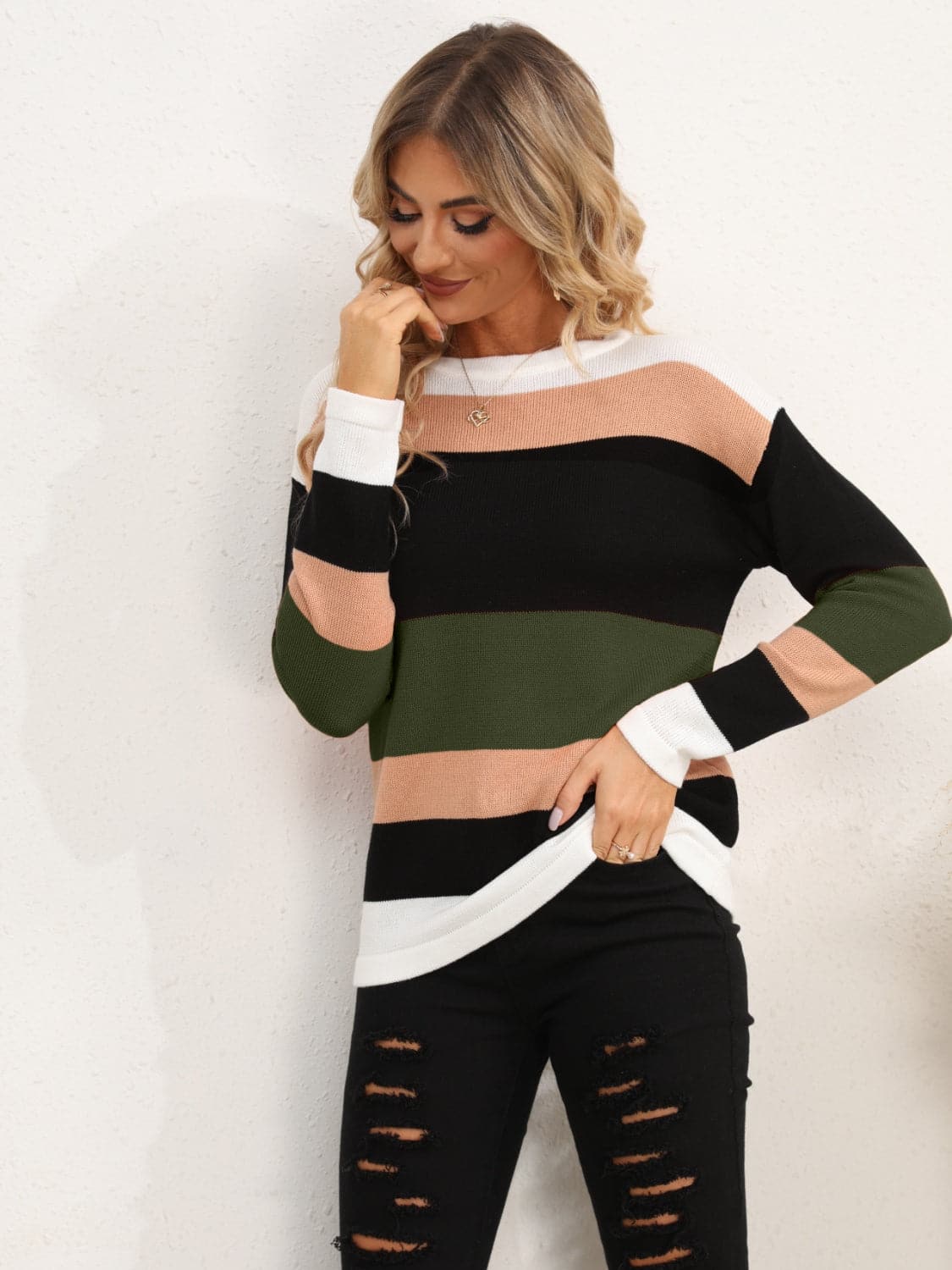 Striped Round Neck Dropped Shoulder Sweater.