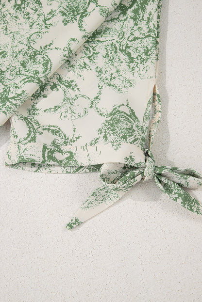 Nature-Inspired Green Print 3/4 Sleeve Sash Shirt